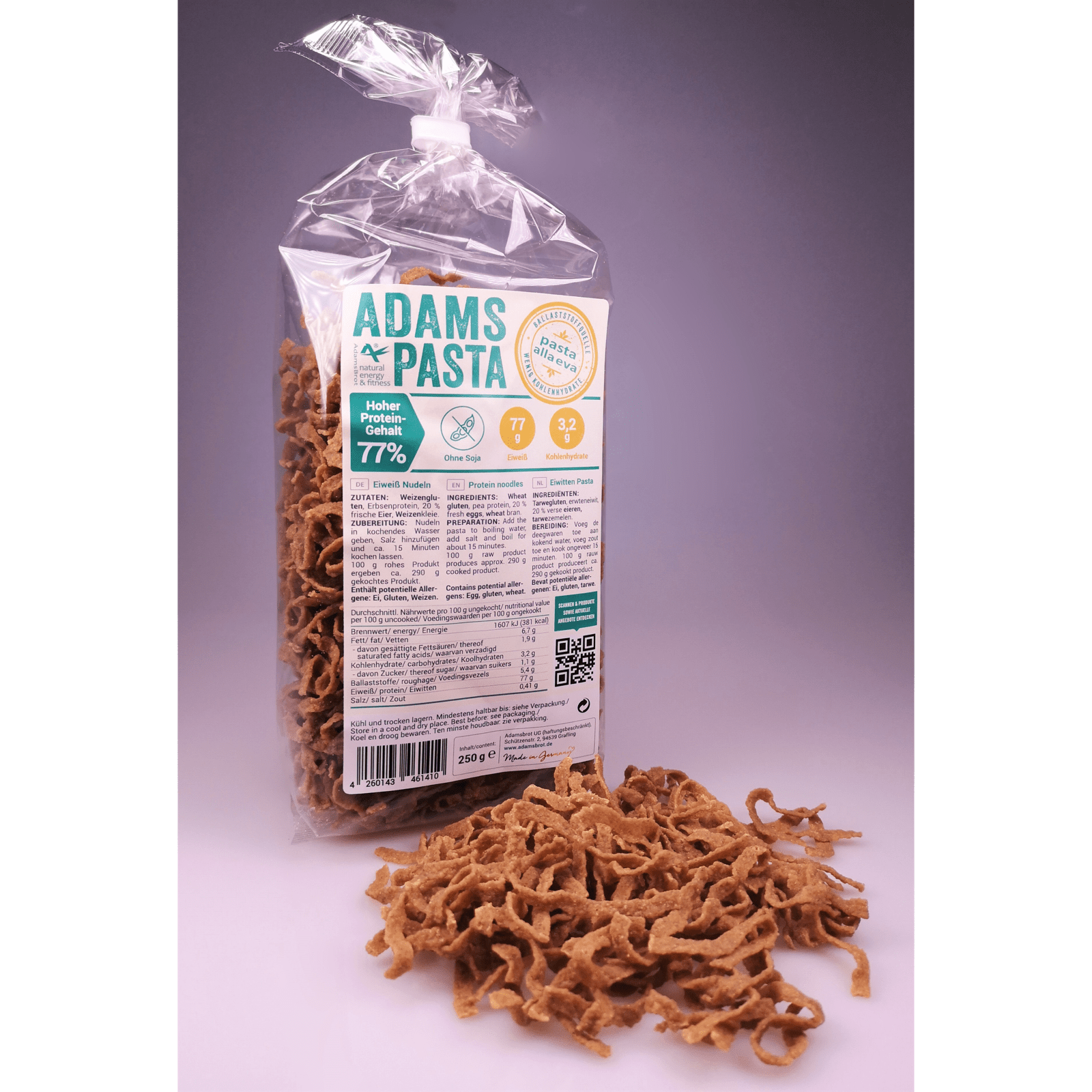Frontale Aufnahme von unserem sojafreien, ketogenen und eiweißhaltigen Produkt, mit dem Namen "Pasta alla Eva"