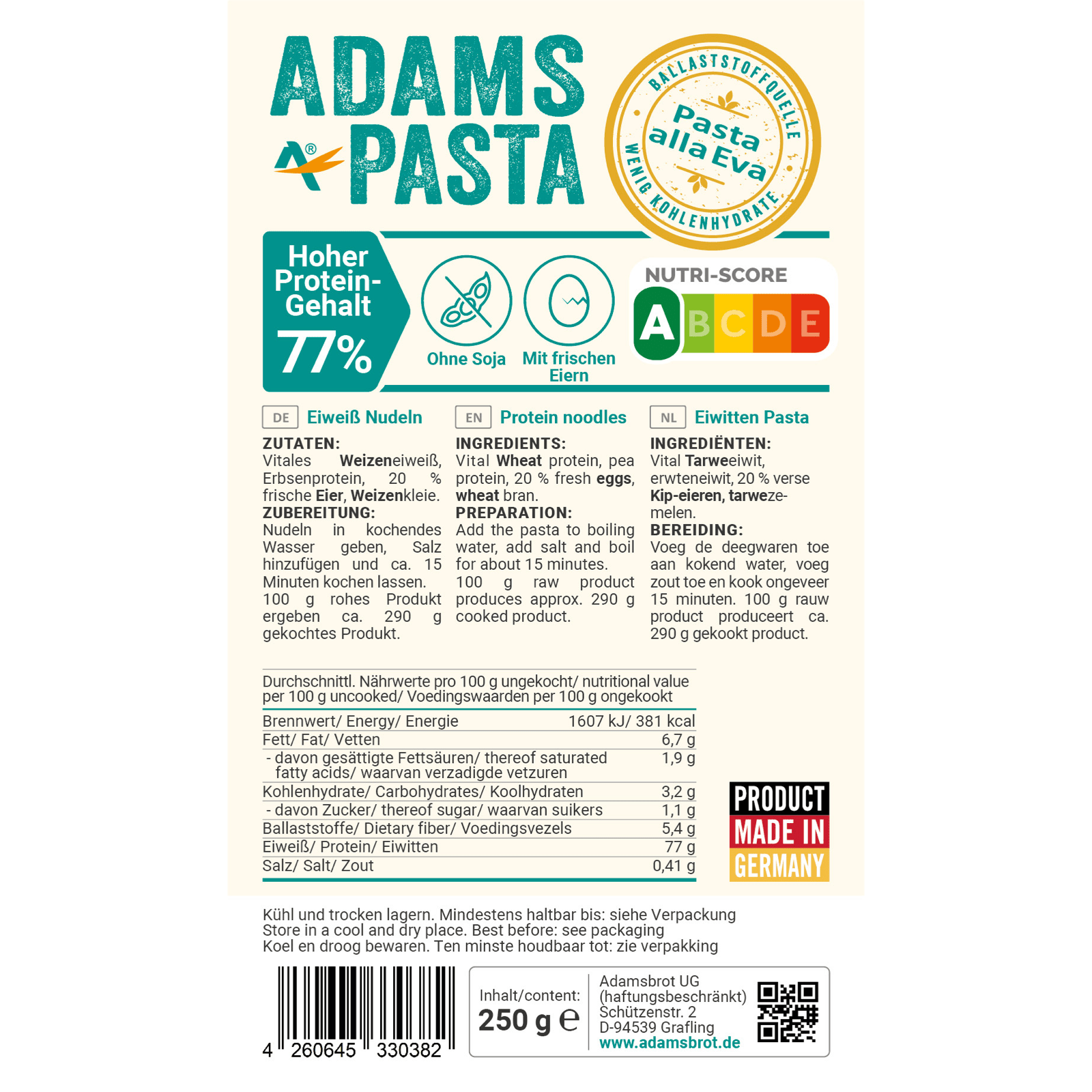 Bild des Etiketts von unserem eiweißreichen, ketogenen und sojafreien Produkt, mit dem Namen "Pasta alla Eva"