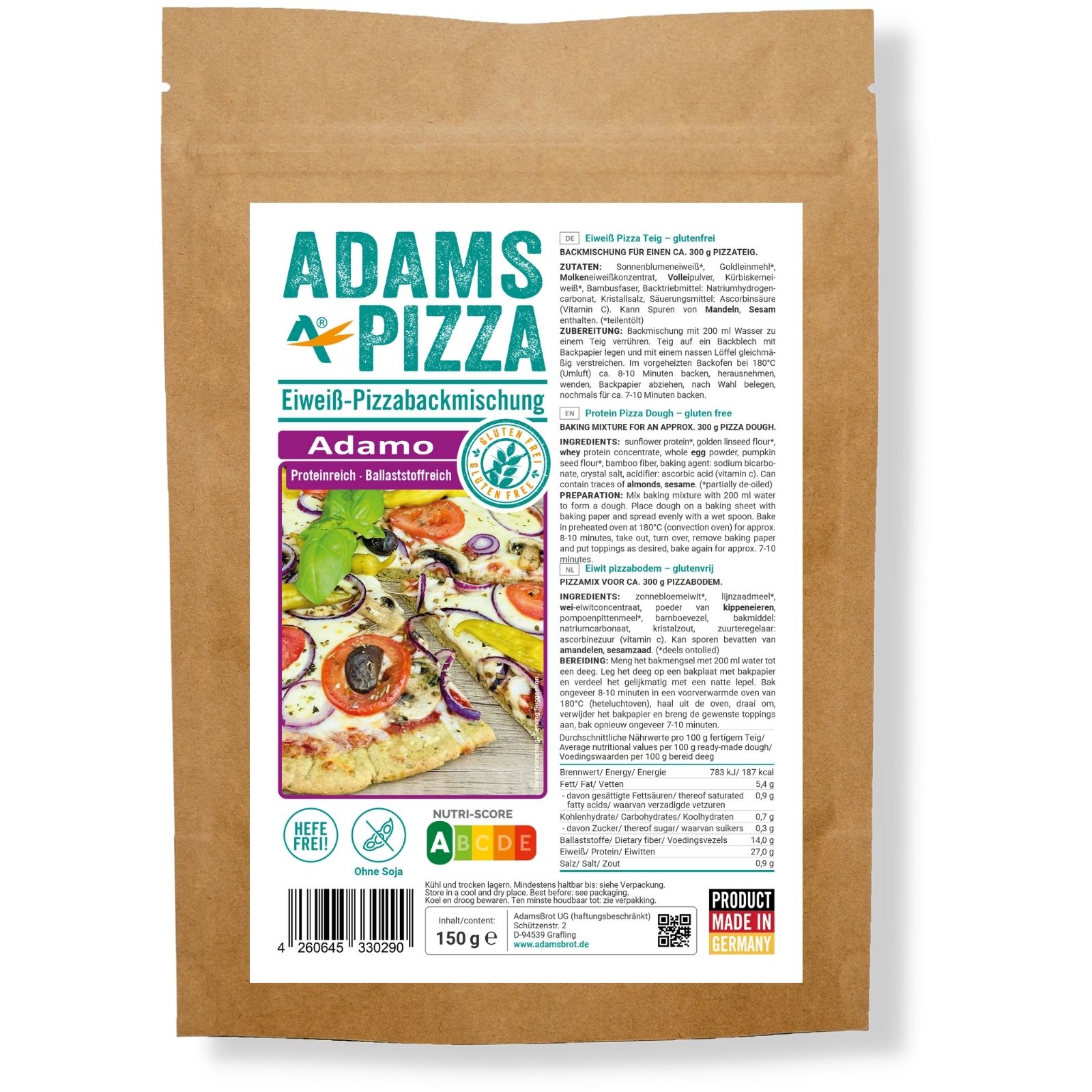 Frontale Aufnahme von unserem glutenfreien, ketogenen und eiweißreichen Produkt, mit dem Namen "Pizza Backmischung Adamo"