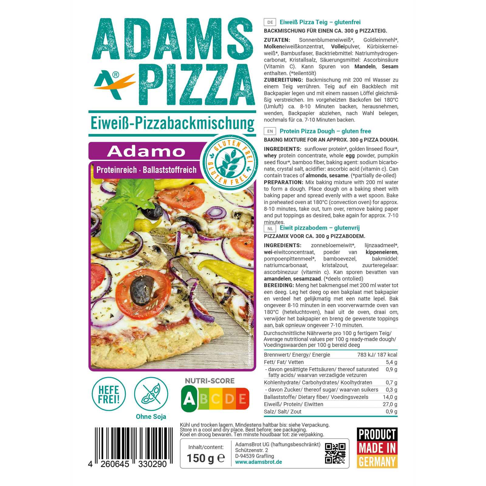 Bild des Etiketts von unserem glutenfreien, ketogenen und hefefreien Produkt, mit dem Namen "Pizza Backmischung Adamo"