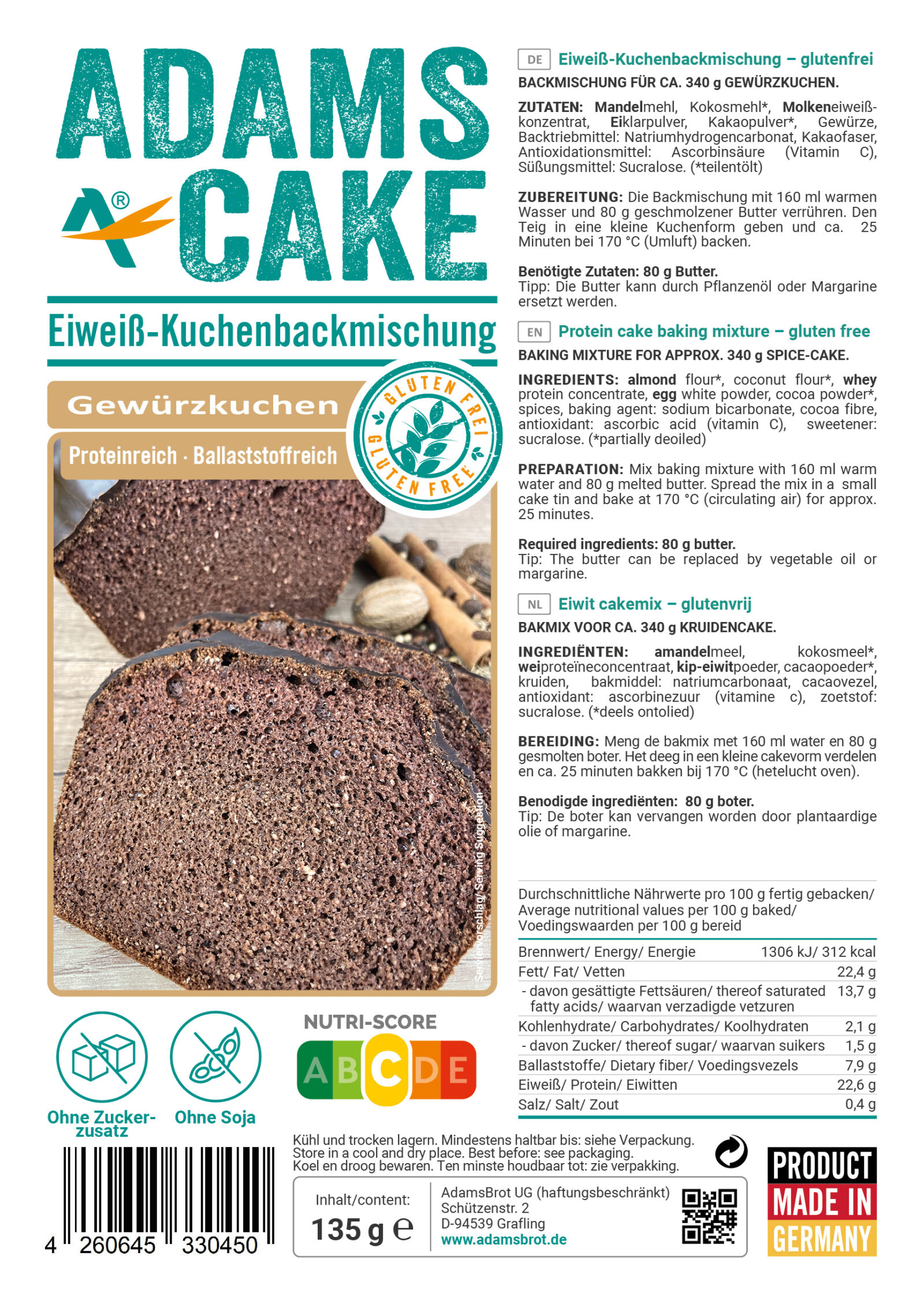 Bild des Etiketts von unserem glutenfreien, ketogenen und zuckerfreien Produkt, mit dem Namen "Kuchen Backmischung Gewürzkuchen"